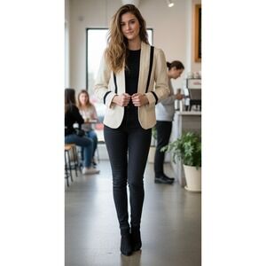 Loft Blazer Jacket Womens‎ 0P Beige Black Cotton Striped Shawl Collar Business